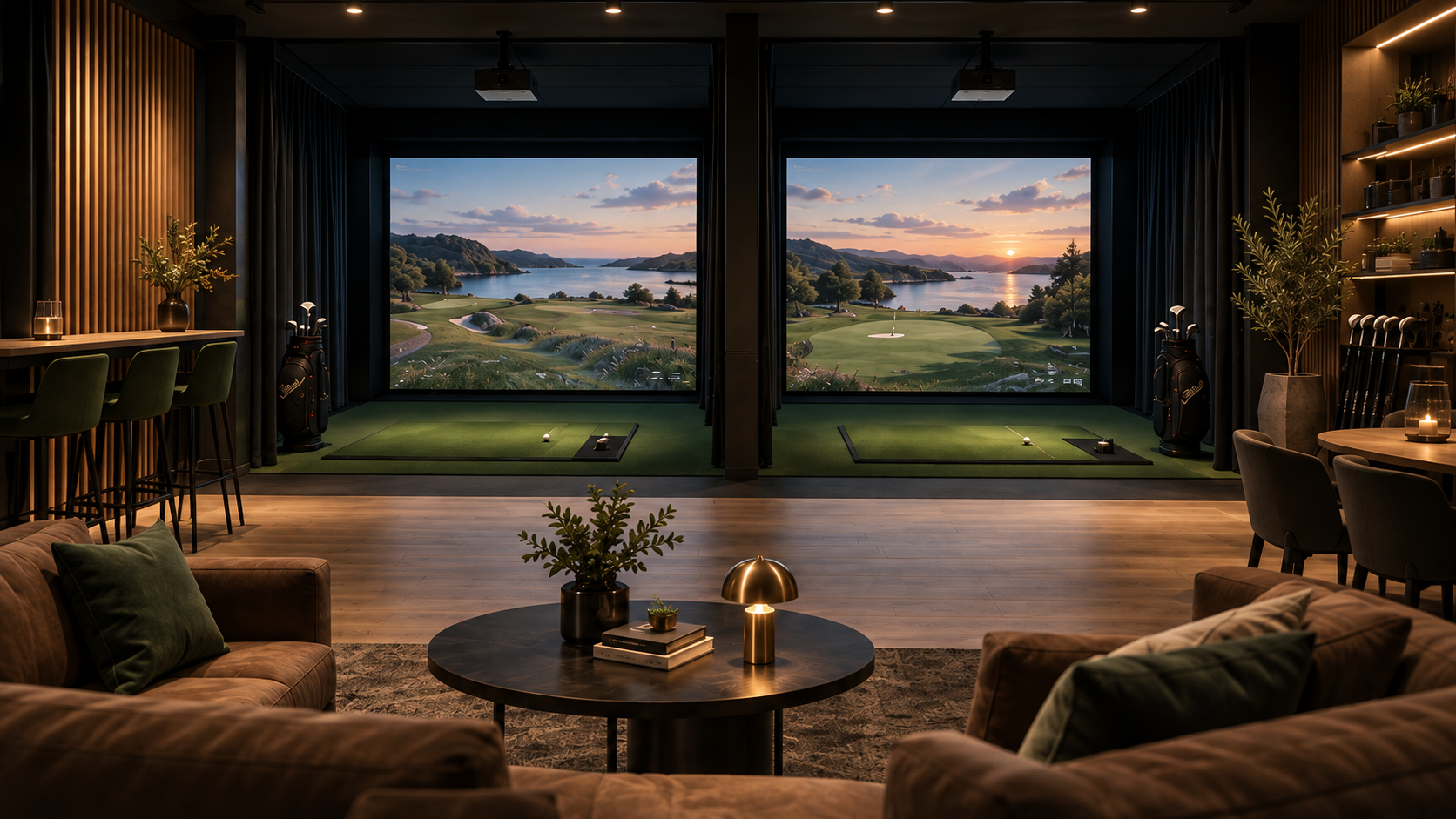 Konseptbilde av et felles klubbrom med to golfsimulatorer side om side