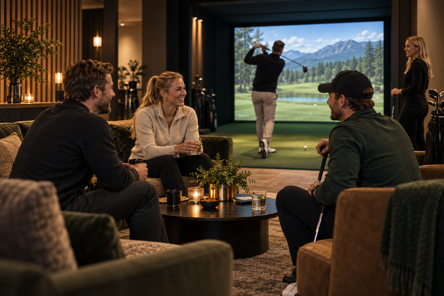 Konseptbilde av medlemmer i klubbrommet mens en annen spiller golf